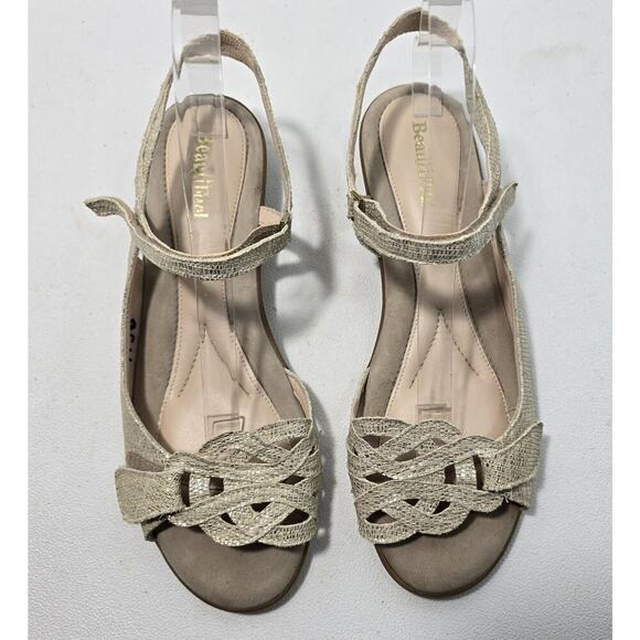 Beautifeel Kali Embossed Leather Wedge Heel Sandals Ivory/Silver Comfort 42/11.5 - Picture 3 of 8